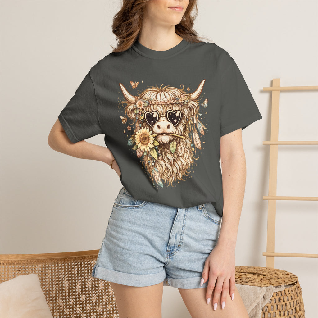 Highland Cow Floral T‑Shirt — Sunflower Boho Highland Cattle Tee