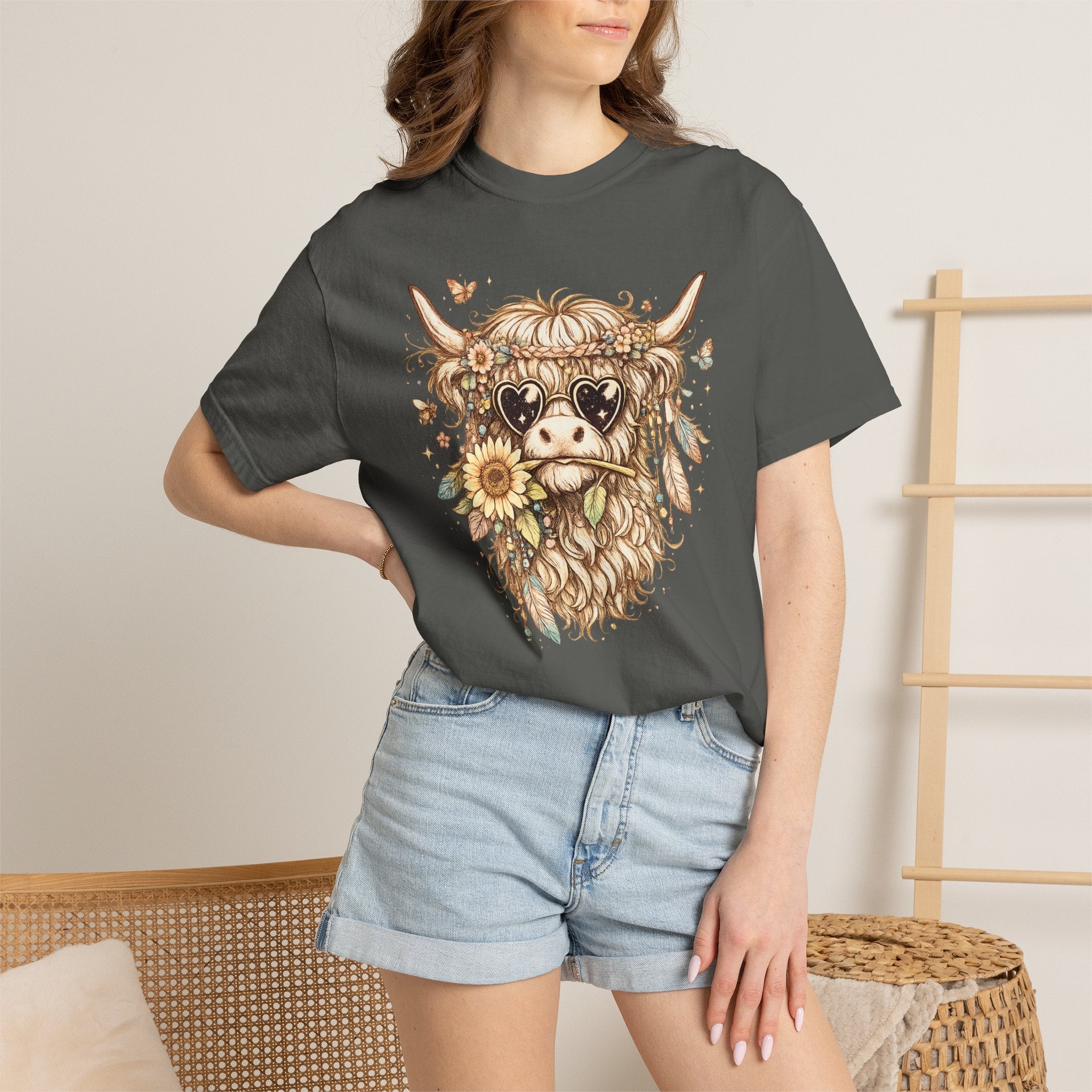 Highland Cow Floral T‑Shirt — Sunflower Boho Highland Cattle Tee