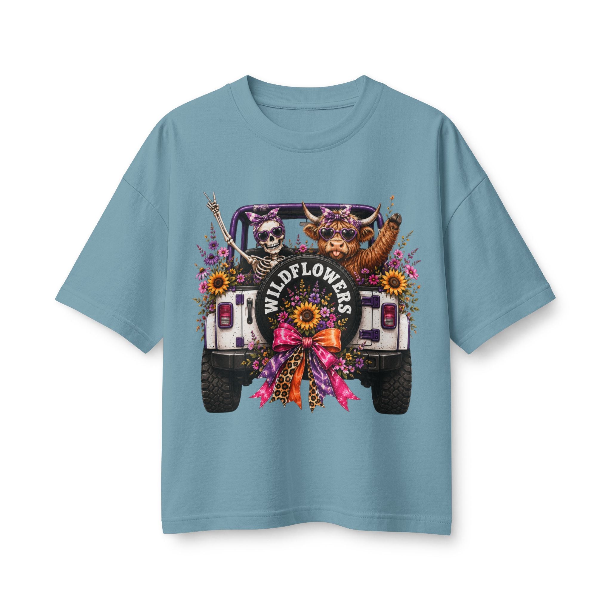 Wildflowers Jeep Crewneck Tee — Cute Skull & Pup Floral Graphic Shirt