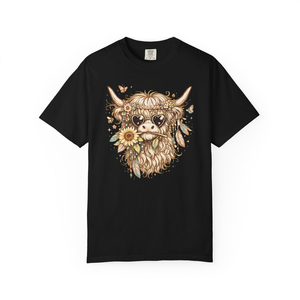 Highland Cow Floral T‑Shirt — Sunflower Boho Highland Cattle Tee