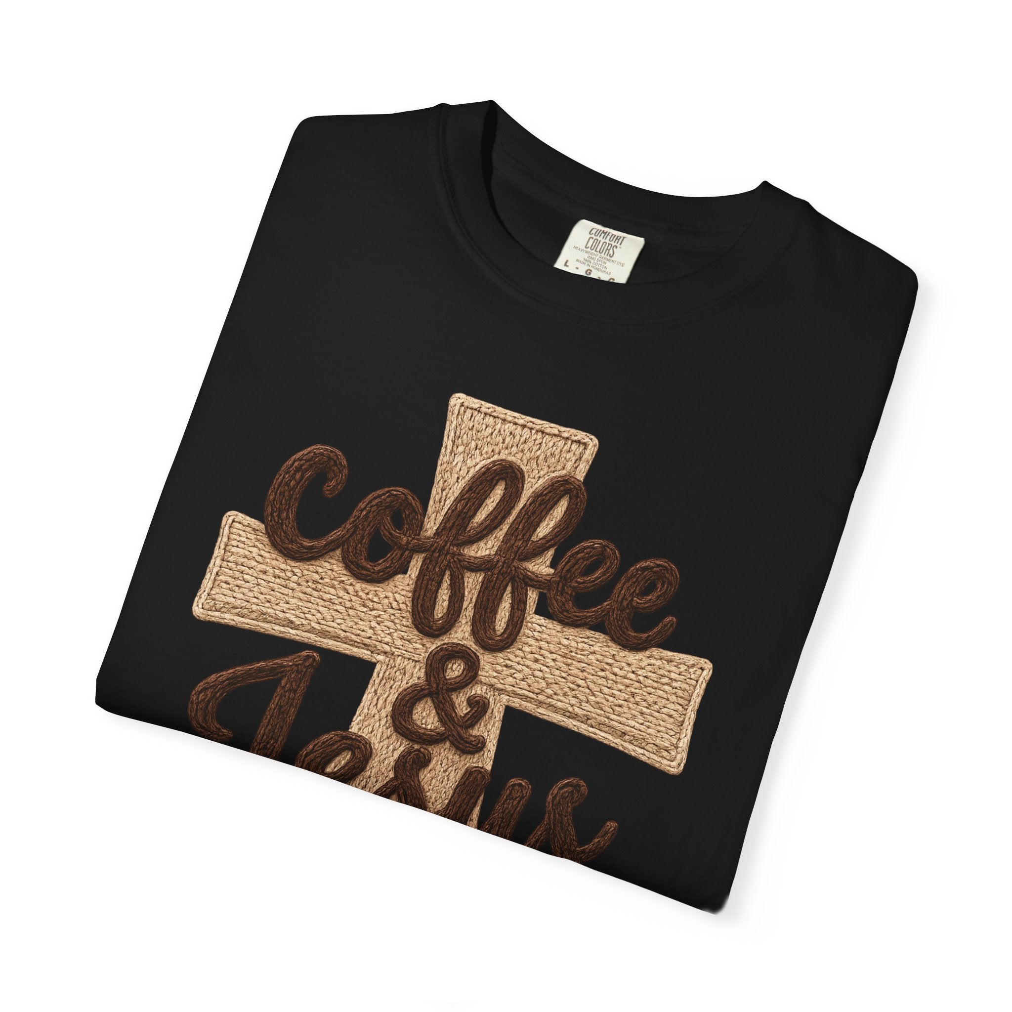 Coffee & Jesus T-Shirt — Christian Faith Graphic Tee with Cross