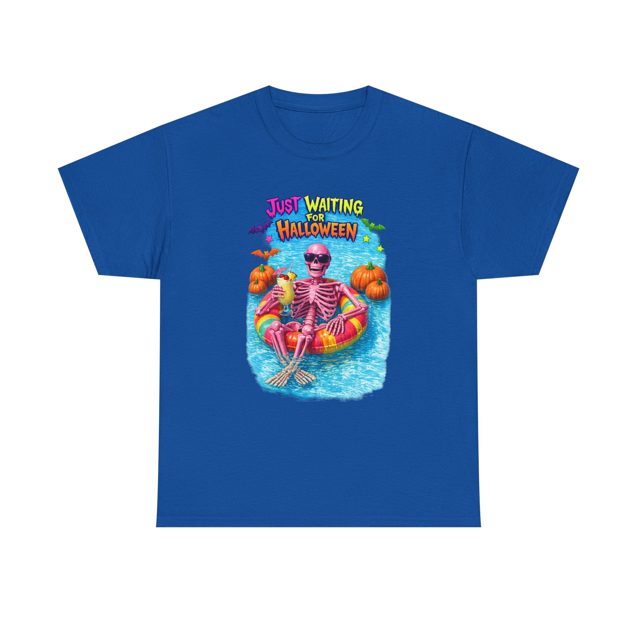 Halloween Skeleton Tee — "Just Waiting for Halloween" Pool Float Graphic T-Shirt