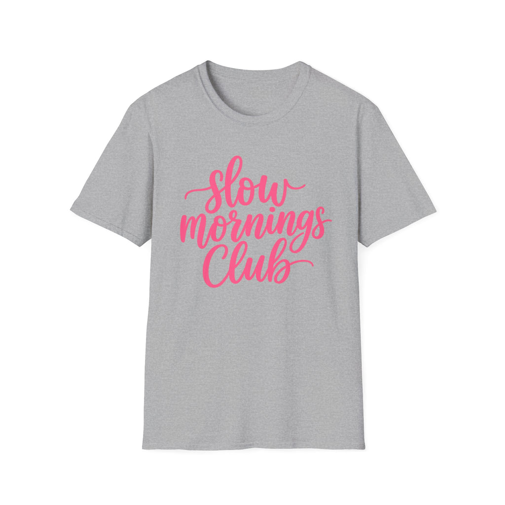 Slow Mornings Club Tee — Relaxed Graphic T-Shirt with Pink Script