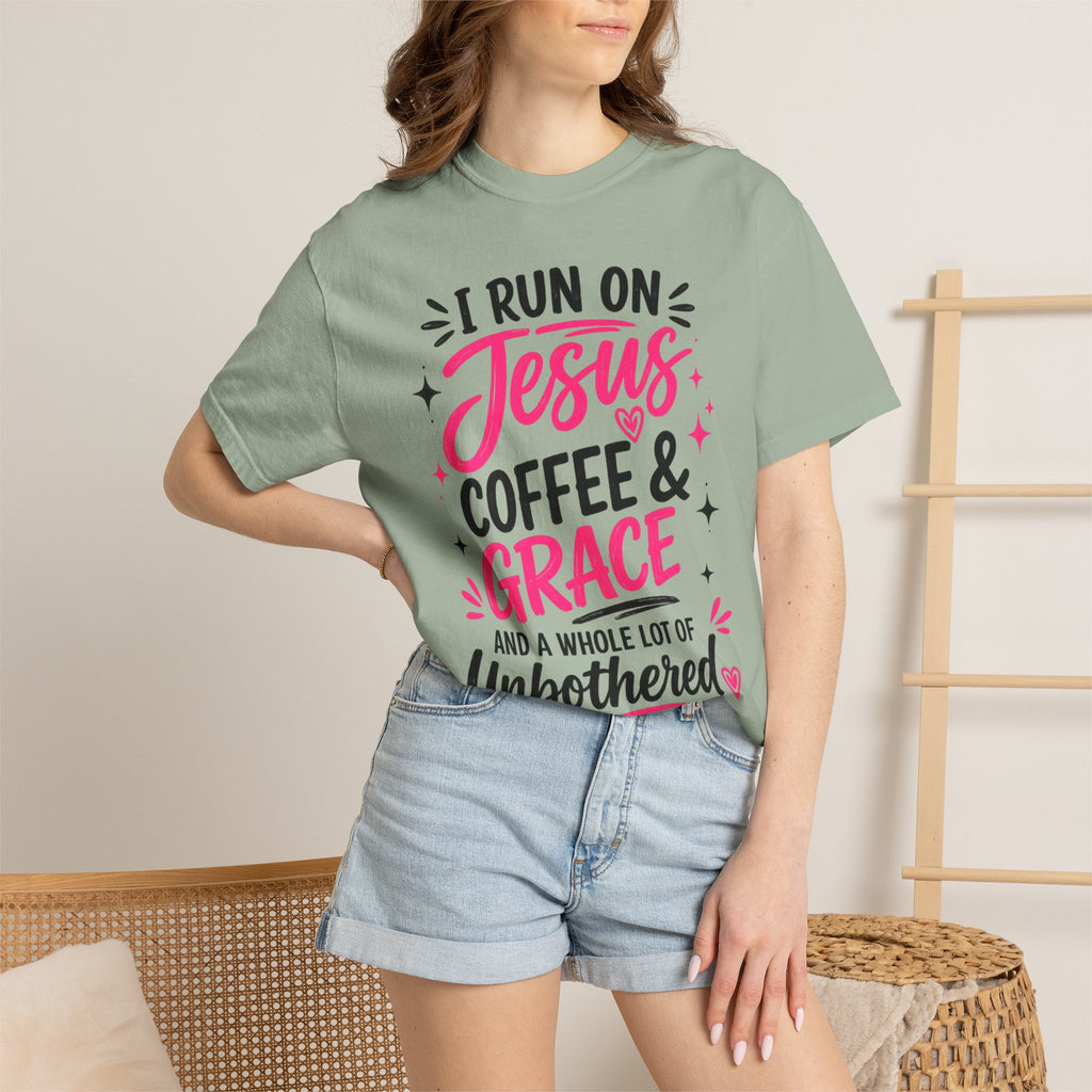 Christian Graphic T-Shirt - "I Run on Jesus, Coffee & Grace" Faith Tee