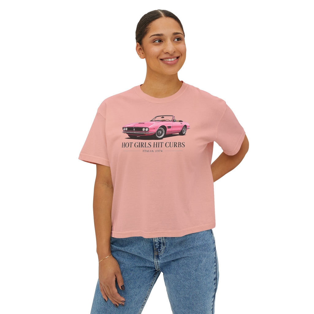Women's Boxy Tee — 'Hot Girls Hit Curbs' Pink Convertible Graphic Crop Top