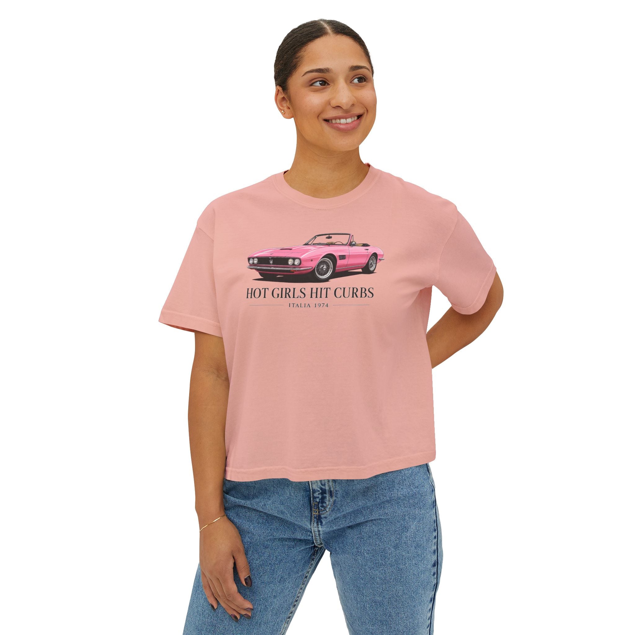 Women's Boxy Tee — 'Hot Girls Hit Curbs' Pink Convertible Graphic Crop Top