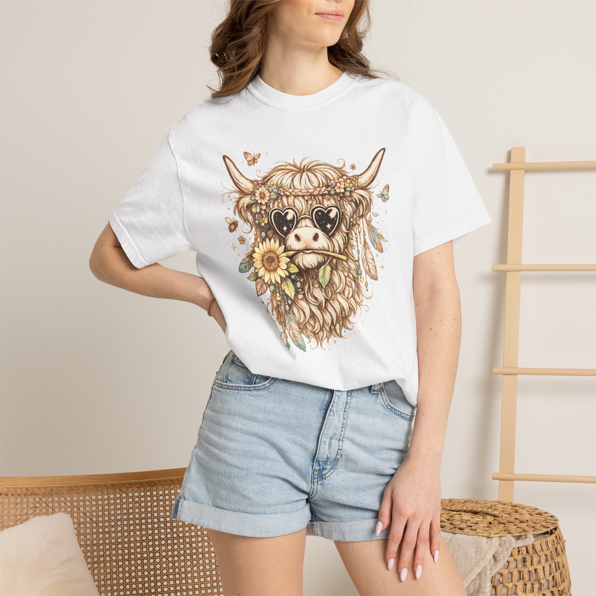Highland Cow Floral T‑Shirt — Sunflower Boho Highland Cattle Tee