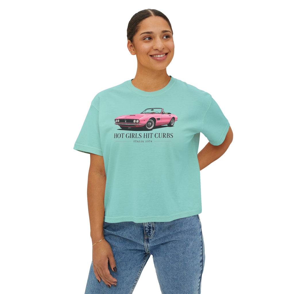 Women's Boxy Tee — 'Hot Girls Hit Curbs' Pink Convertible Graphic Crop Top