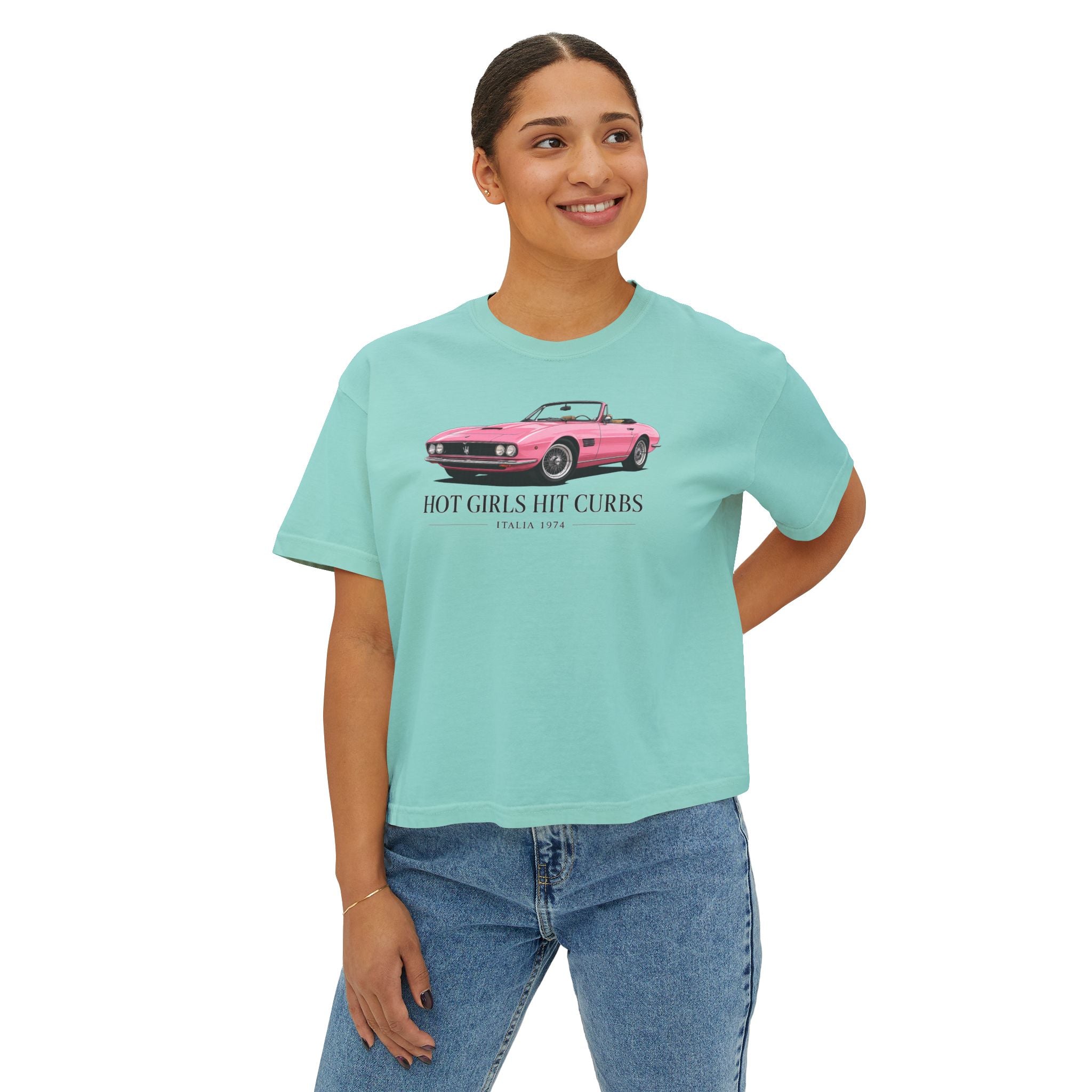 Women's Boxy Tee — 'Hot Girls Hit Curbs' Pink Convertible Graphic Crop Top