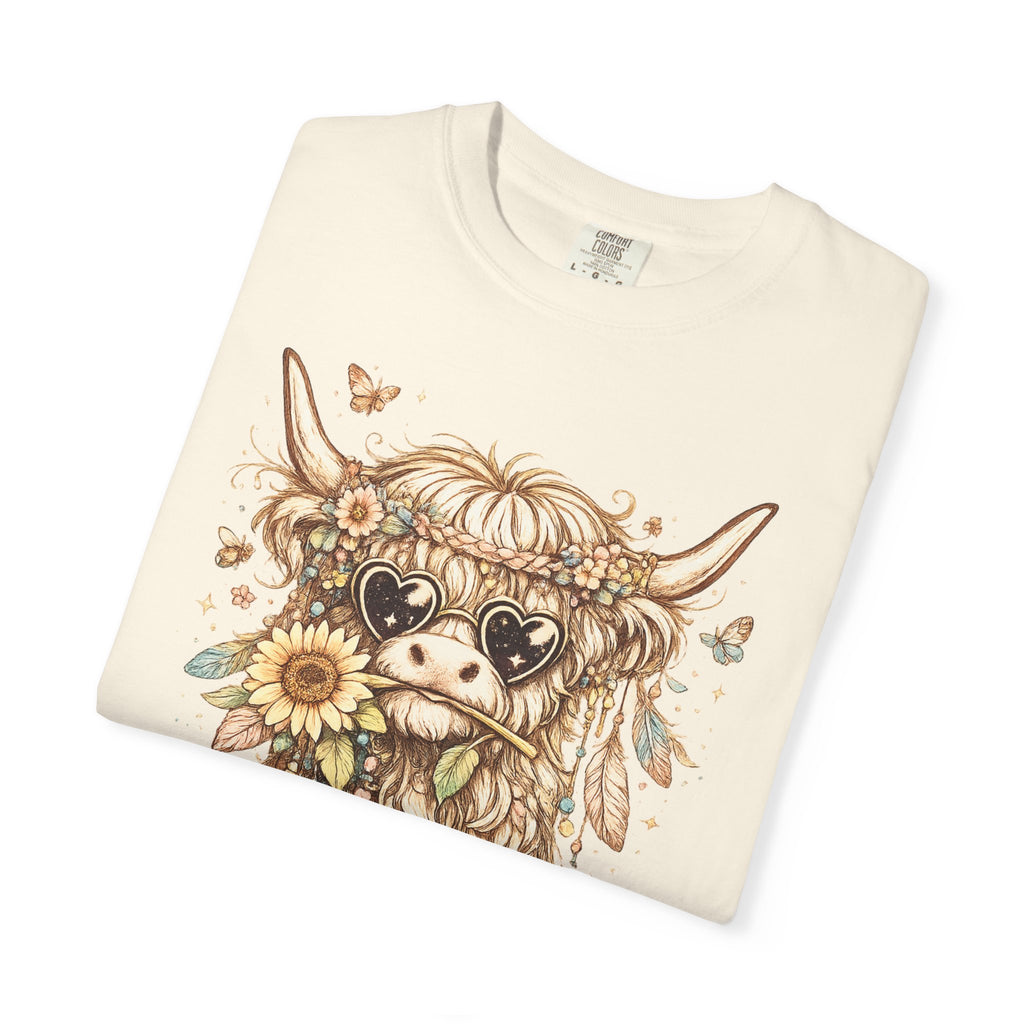 Highland Cow Floral T‑Shirt — Sunflower Boho Highland Cattle Tee