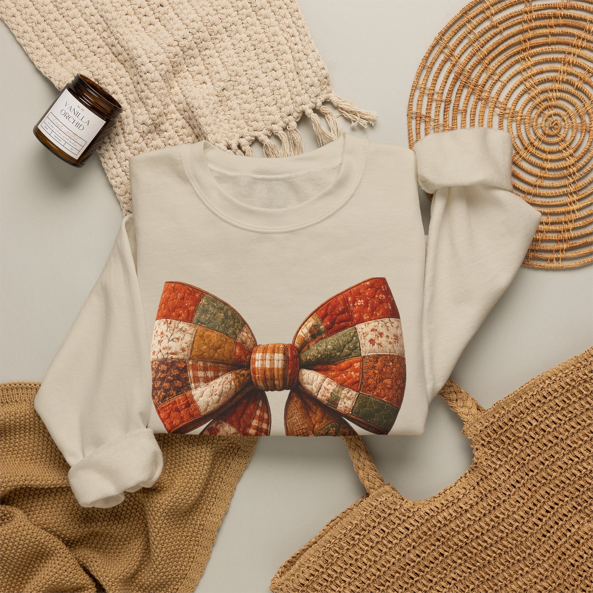 Patchwork Bow Sweatshirt — Cozy Autumn Plaid Crewneck