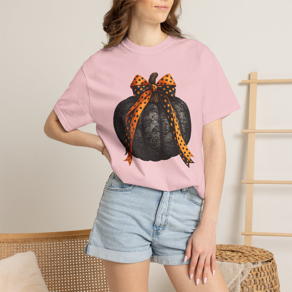 Halloween Black Pumpkin T‑Shirt with Polka Dot Bow