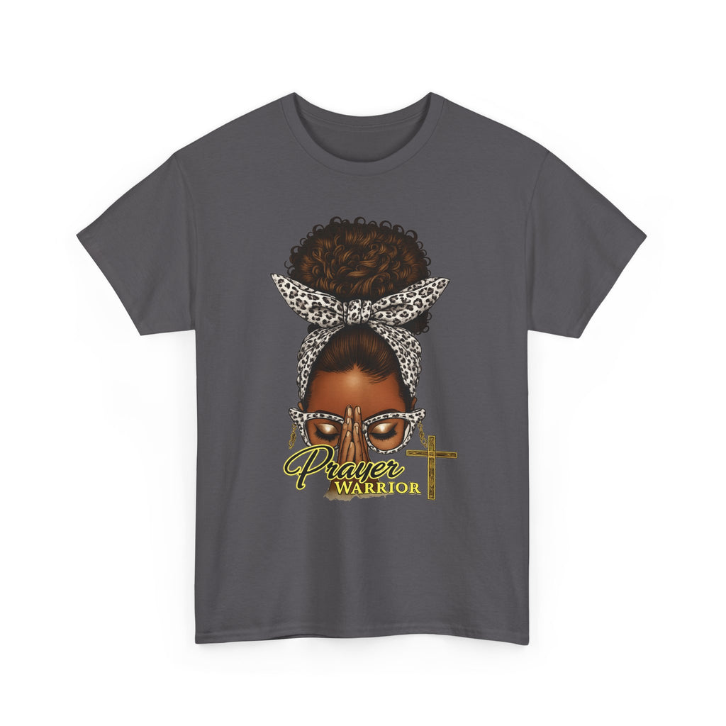 Prayer Warrior T-Shirt – Black Woman Afro Bun with Leopard Scarf & Cross Graphic
