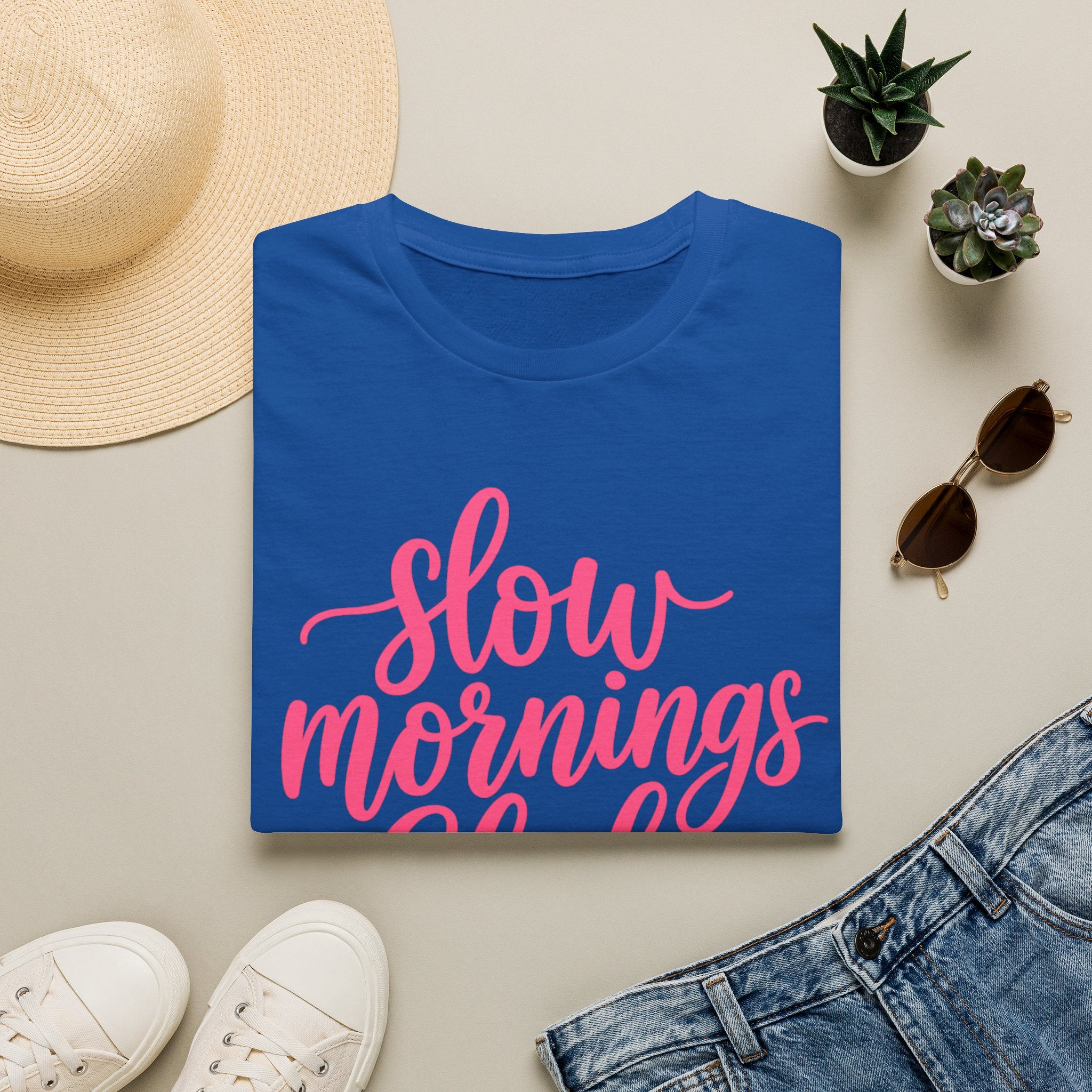 Slow Mornings Club Tee — Relaxed Graphic T-Shirt with Pink Script