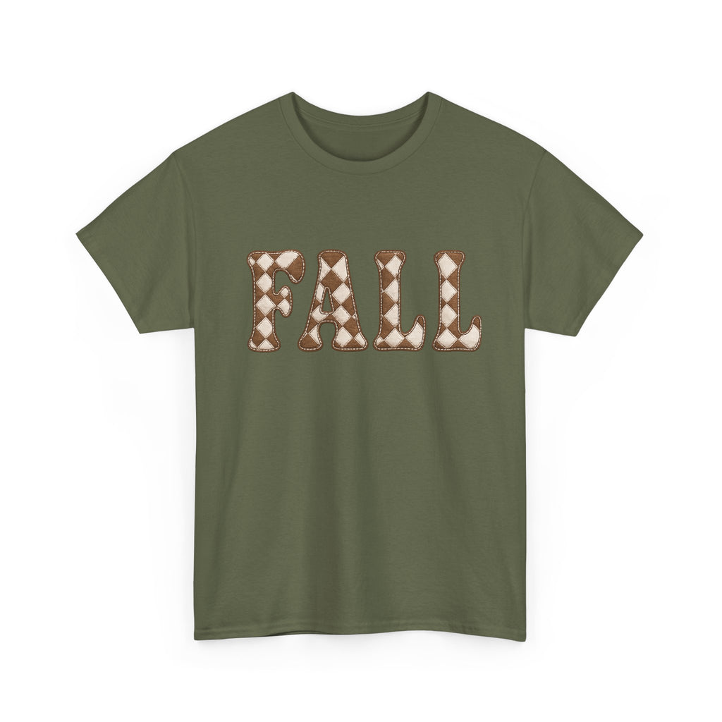Fall Pumpkin Pattern T-Shirt — Cozy Autumn Tee with 'FALL' Lettering