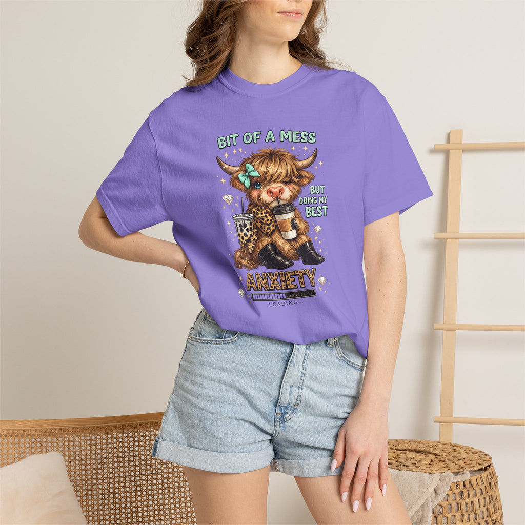 Bit of a Mess Anxiety Cowgirl Graphic T-Shirt — Cute Retro Cow Print Tee for Anxiety Awareness