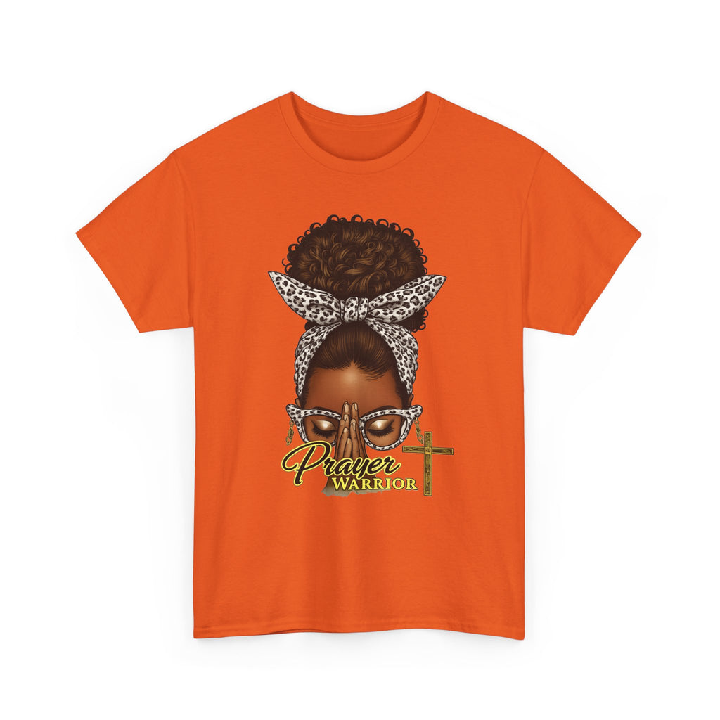 Prayer Warrior T-Shirt – Black Woman Afro Bun with Leopard Scarf & Cross Graphic