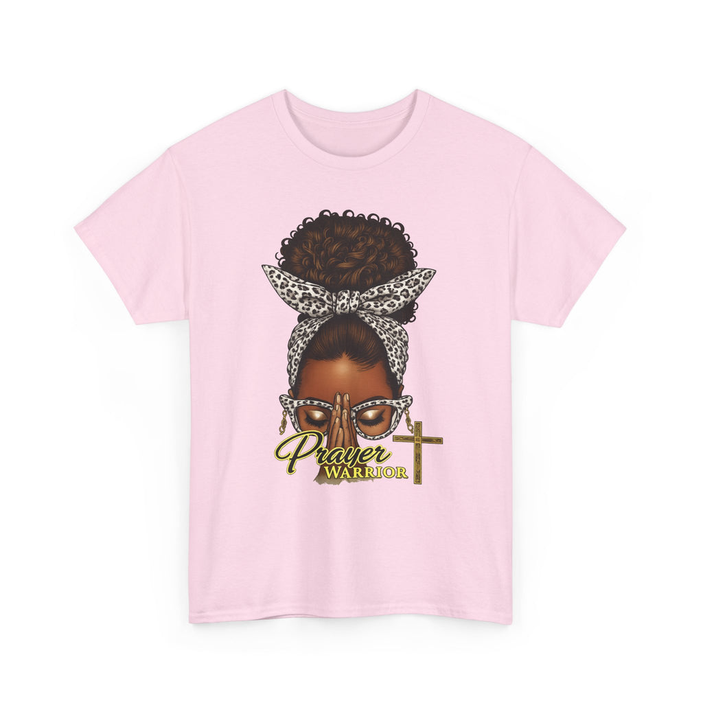 Prayer Warrior T-Shirt – Black Woman Afro Bun with Leopard Scarf & Cross Graphic