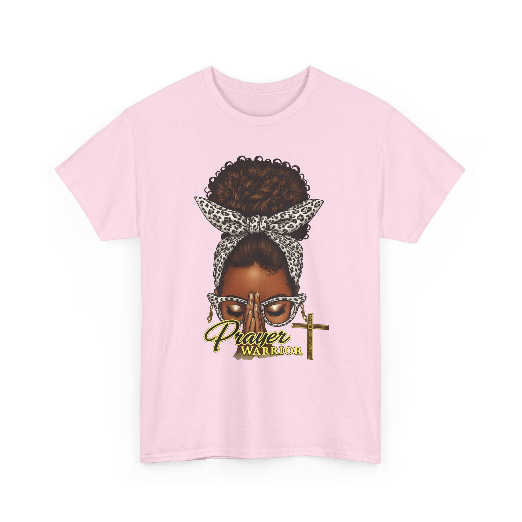 Prayer Warrior T-Shirt – Black Woman Afro Bun with Leopard Scarf & Cross Graphic