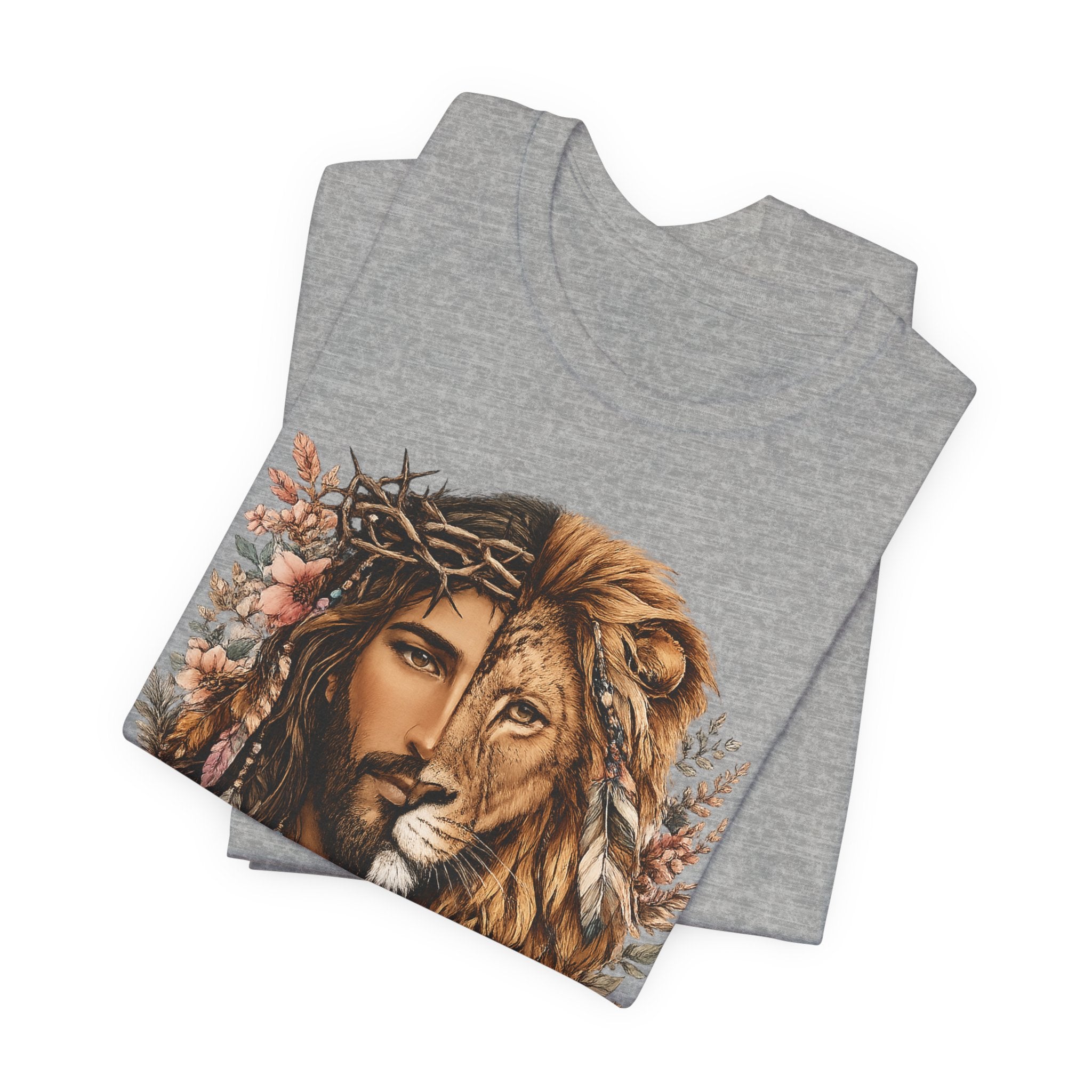 Lion and Woman Floral Portrait Tee — Spiritual Boho Graphic T-Shirt