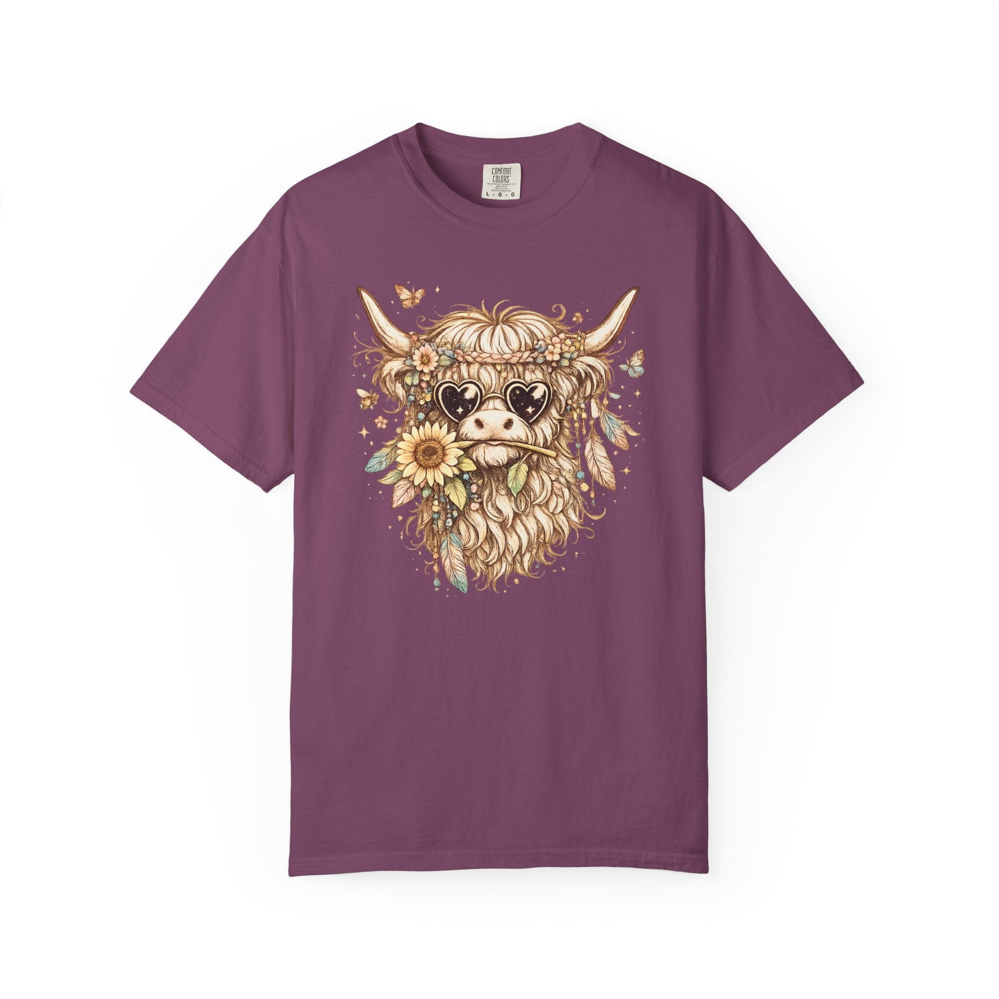 Highland Cow Floral T‑Shirt — Sunflower Boho Highland Cattle Tee