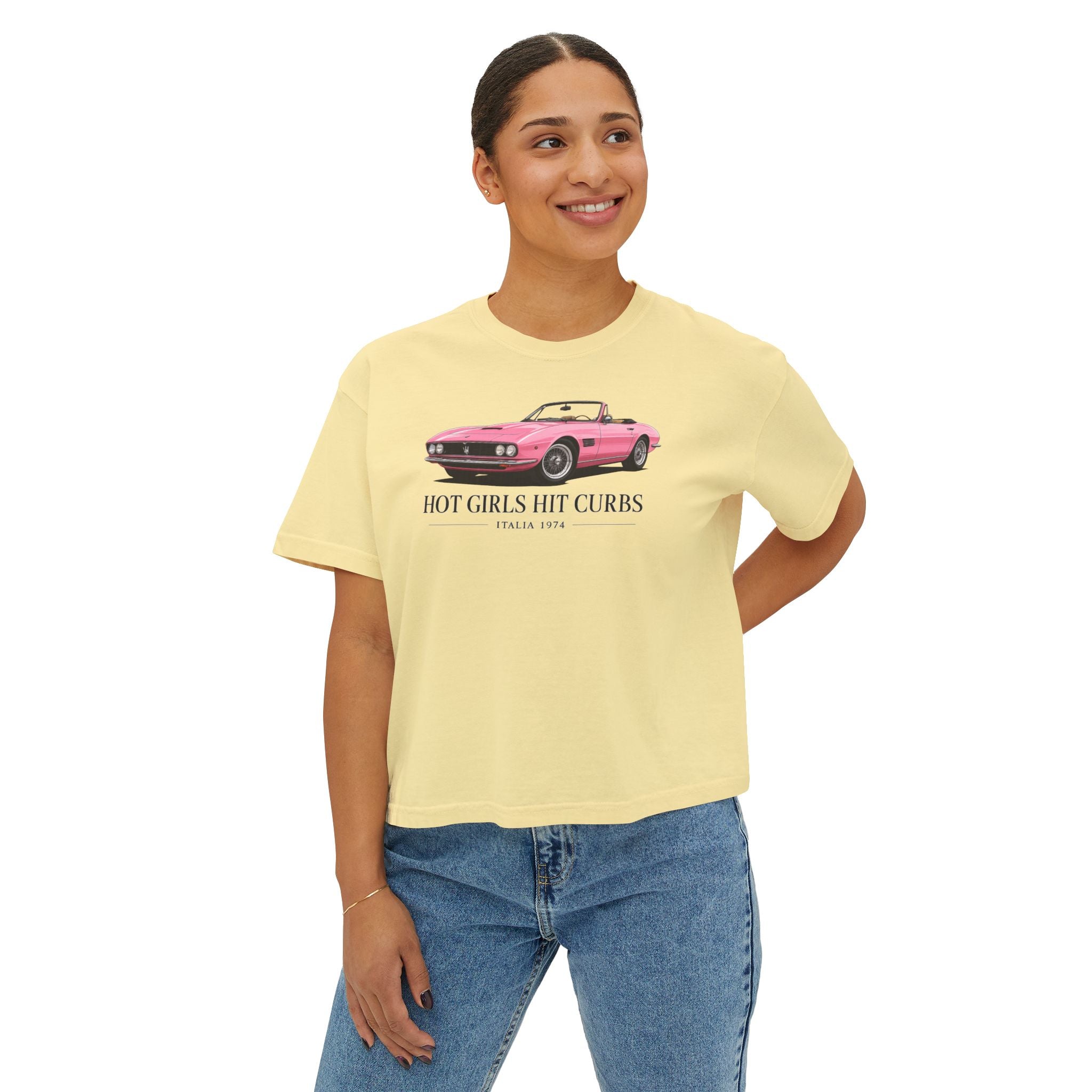Women's Boxy Tee — 'Hot Girls Hit Curbs' Pink Convertible Graphic Crop Top