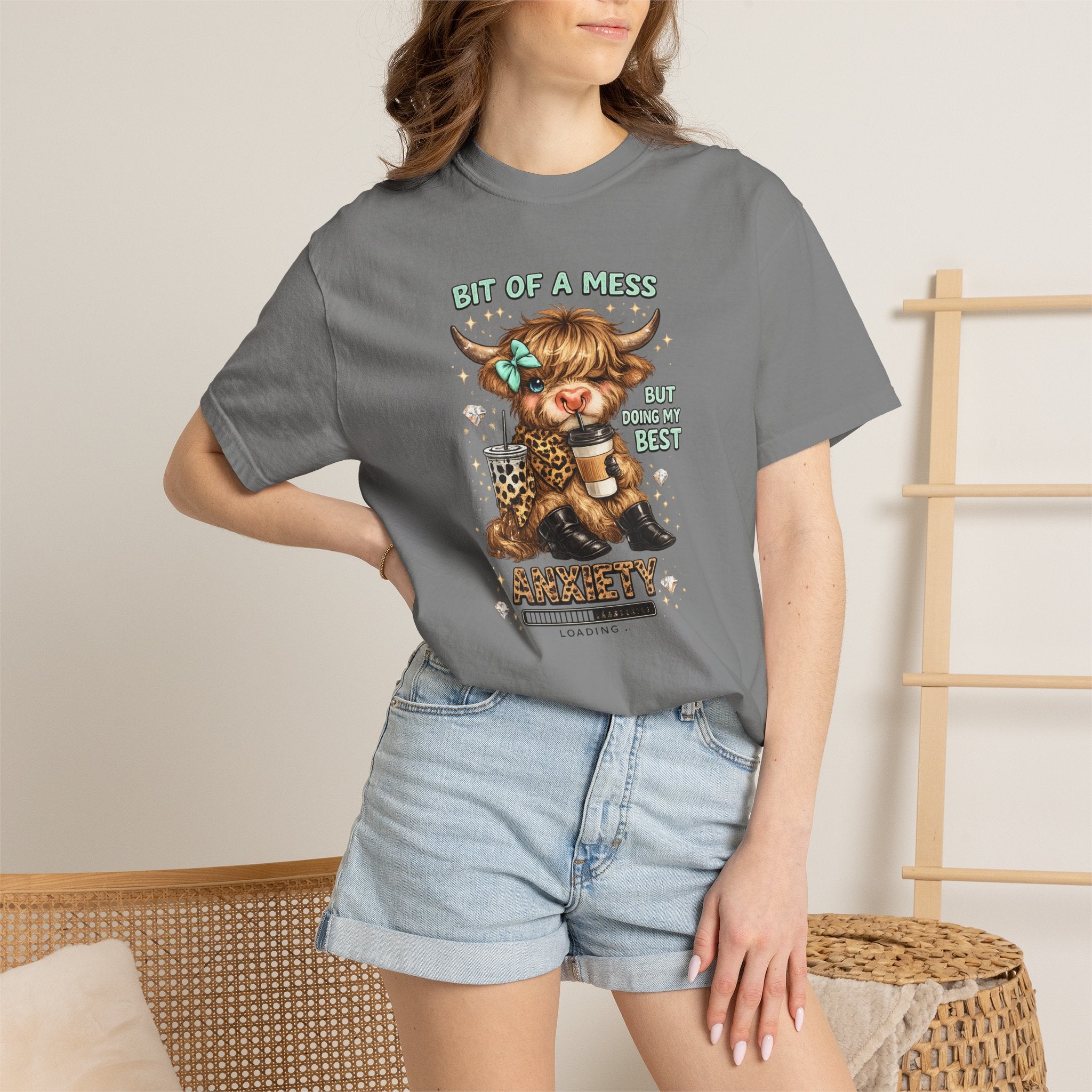 Bit of a Mess Anxiety Cowgirl Graphic T-Shirt — Cute Retro Cow Print Tee for Anxiety Awareness
