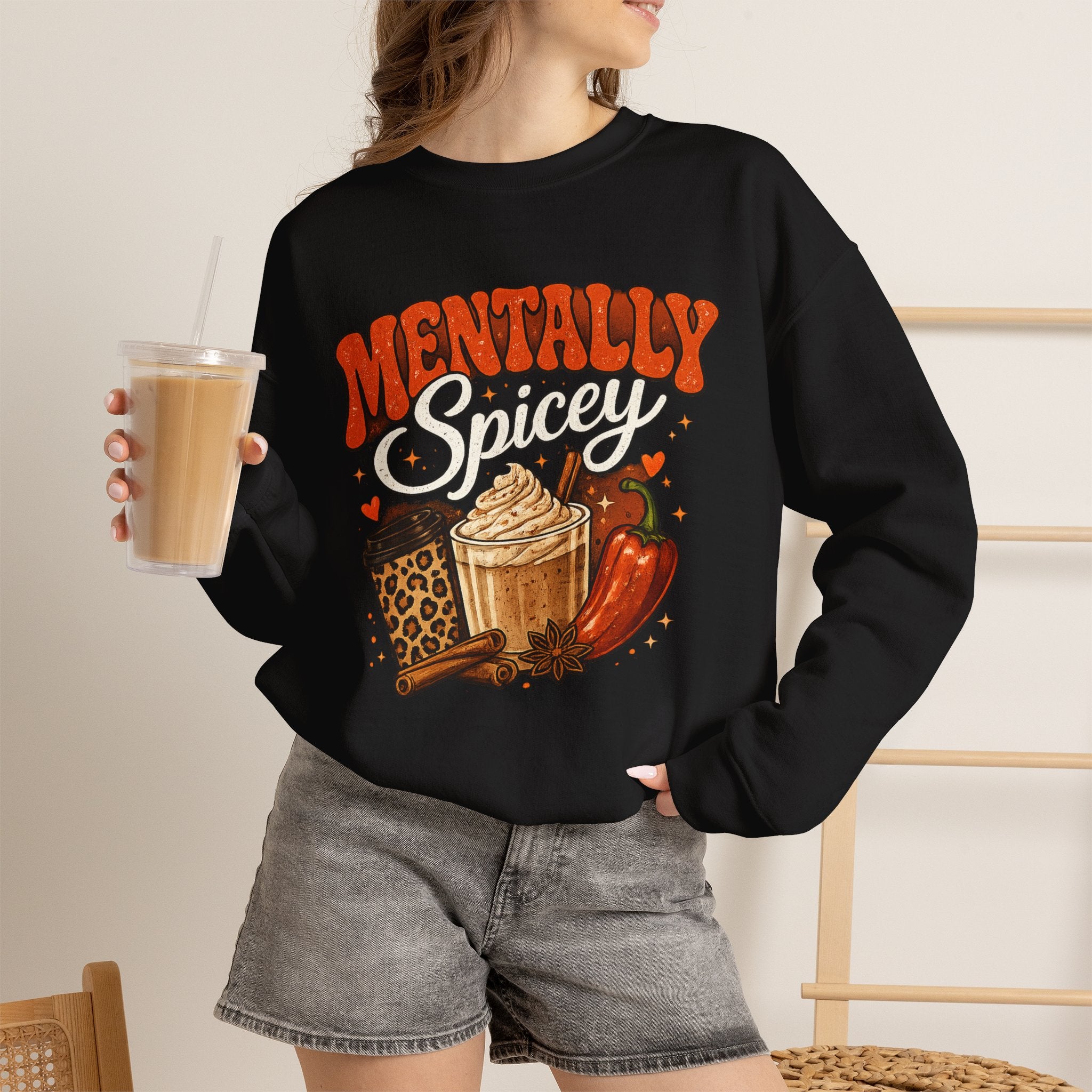 Crewneck Sweatshirt — "Mentally Spicy" Coffee & Chili Graphic