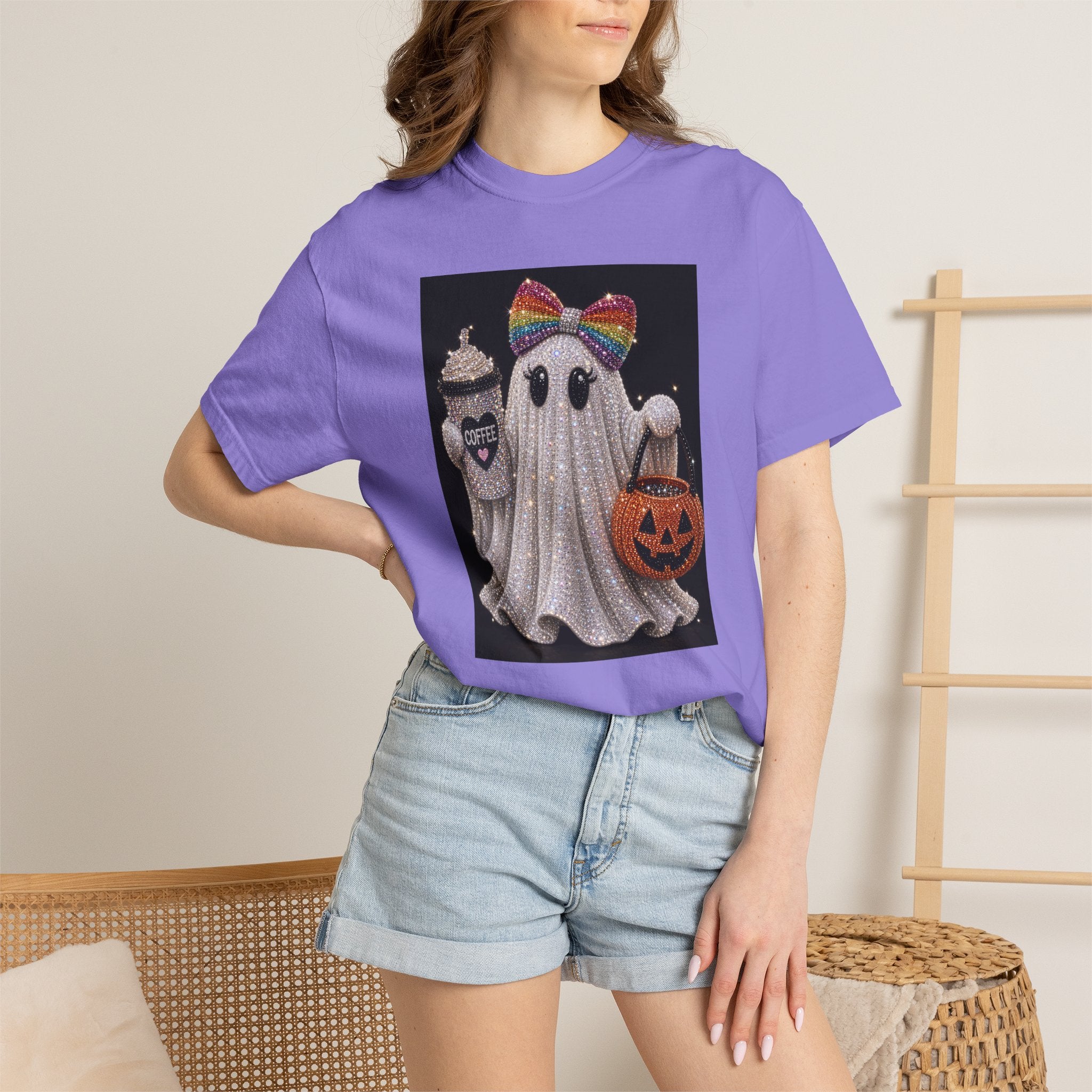 Halloween Ghost T-Shirt — Glitter Ghost with Rainbow Bow, Pumpkin & Coffee