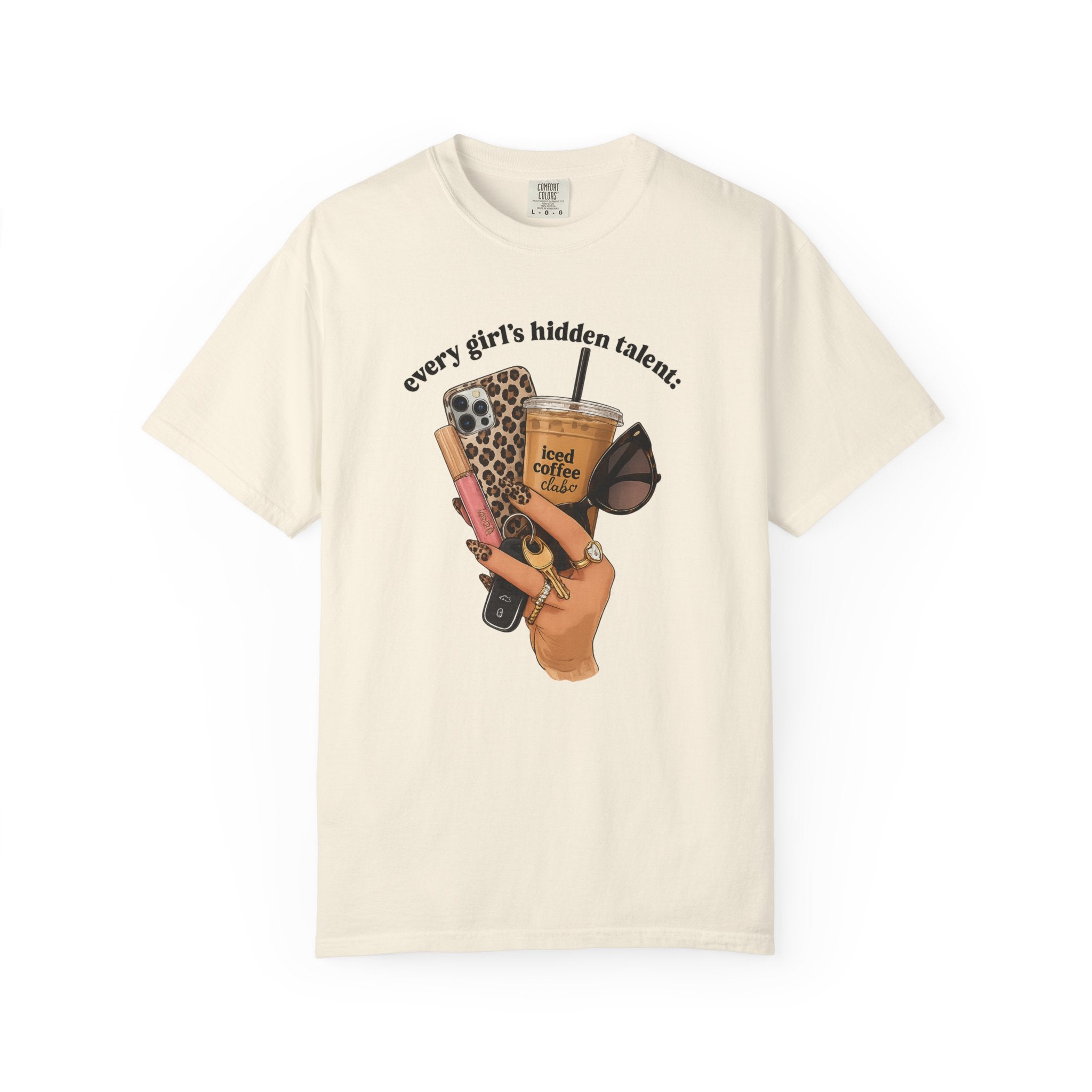 T-Shirt — Every Girl’s Hidden Talents Graphic Tee (coffee, makeup, phone, sunglasses)
