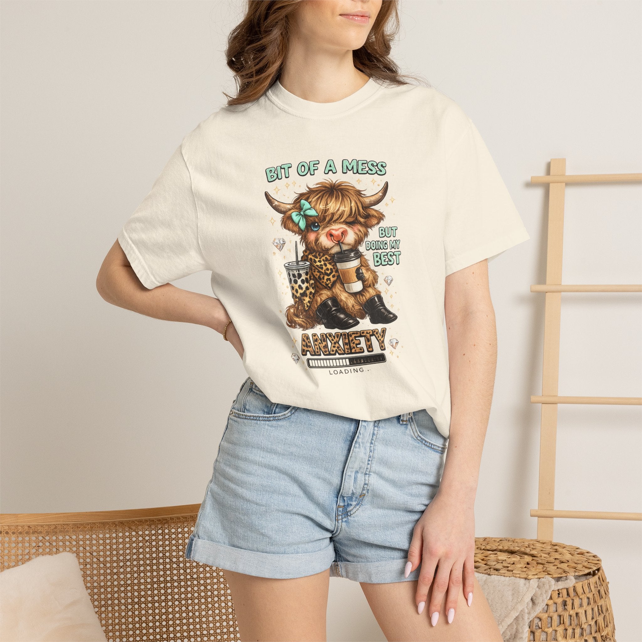 Bit of a Mess Anxiety Cowgirl Graphic T-Shirt — Cute Retro Cow Print Tee for Anxiety Awareness