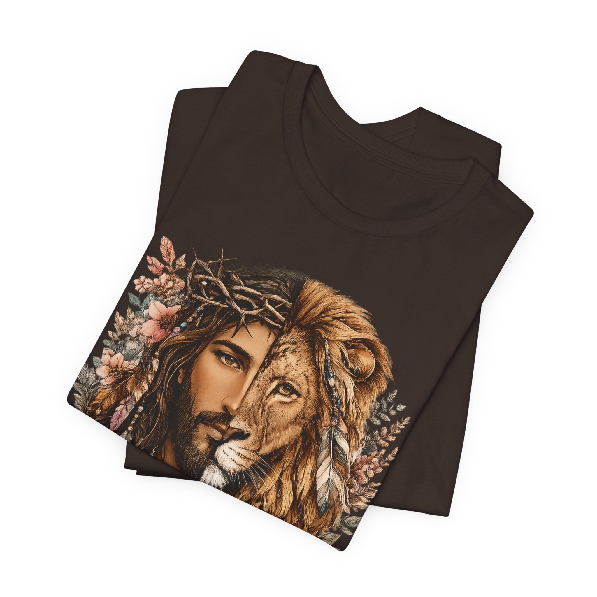 Lion and Woman Floral Portrait Tee — Spiritual Boho Graphic T-Shirt