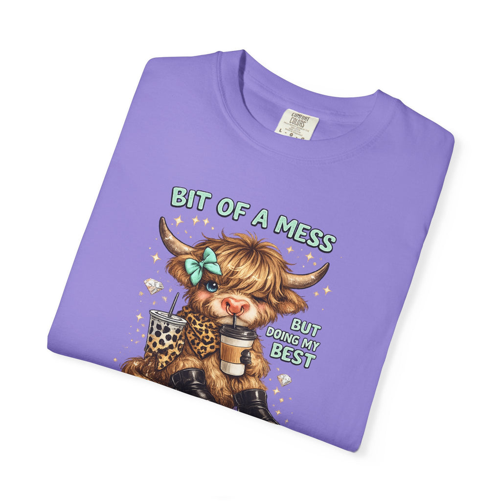 Bit of a Mess Anxiety Cowgirl Graphic T-Shirt — Cute Retro Cow Print Tee for Anxiety Awareness