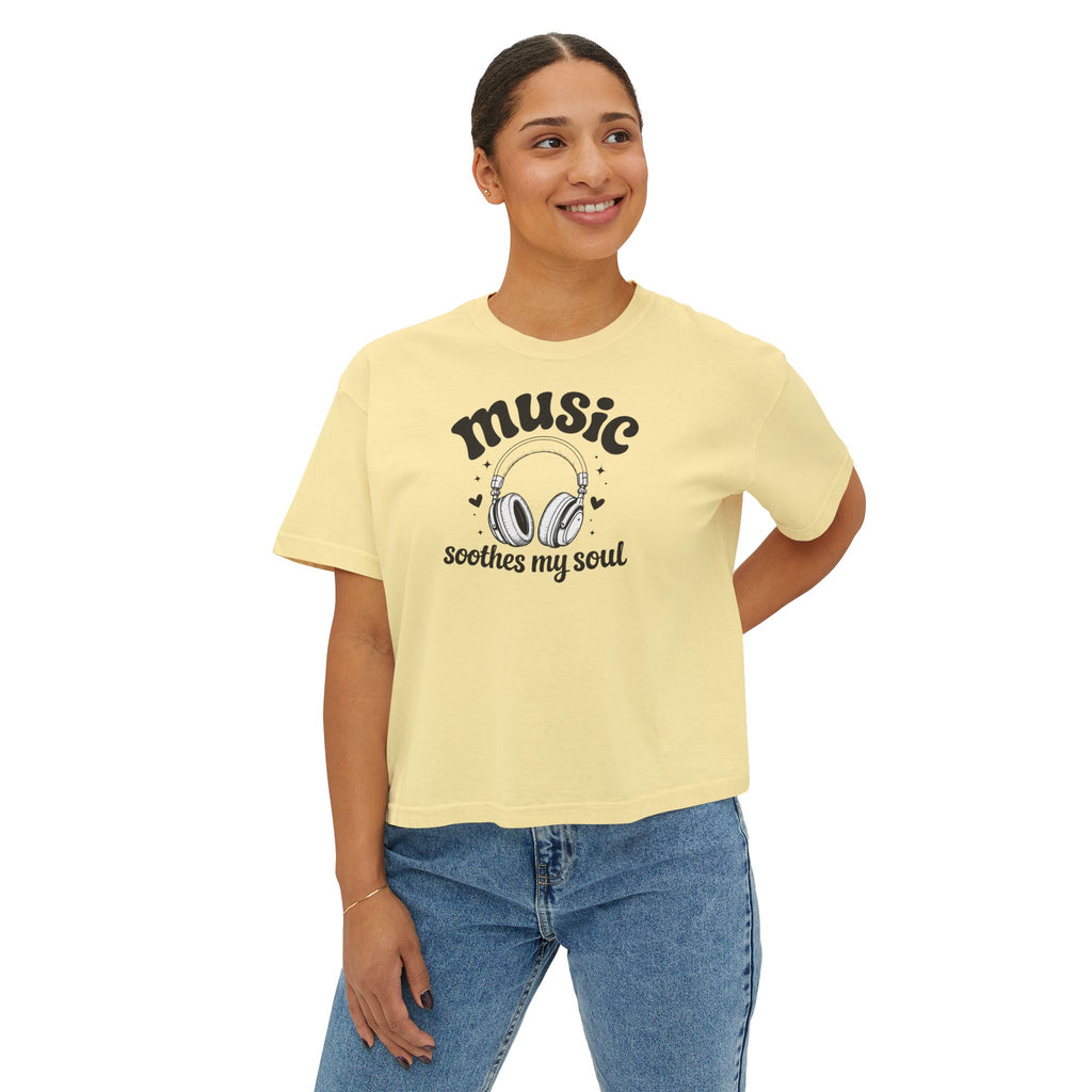 Music Soothes My Soul Boxy Tee — Women's Cropped Graphic T-Shirt with Headphones