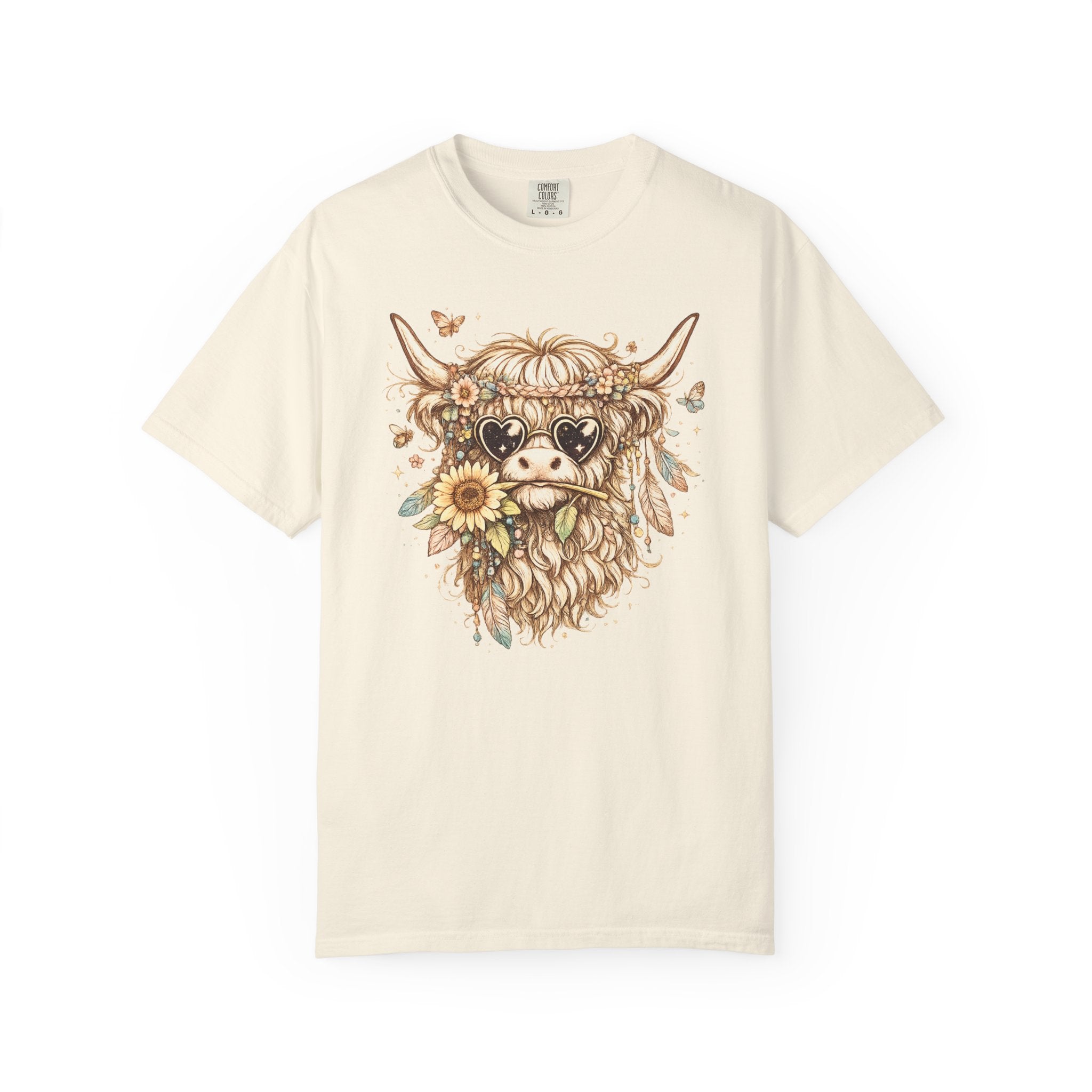 Highland Cow Floral T‑Shirt — Sunflower Boho Highland Cattle Tee