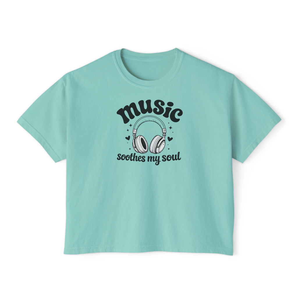 Music Soothes My Soul Boxy Tee — Women's Cropped Graphic T-Shirt with Headphones