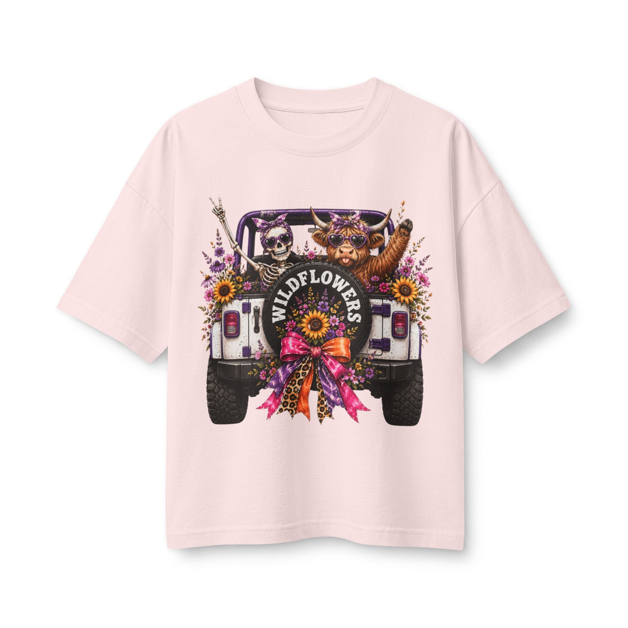 Wildflowers Jeep Crewneck Tee — Cute Skull & Pup Floral Graphic Shirt