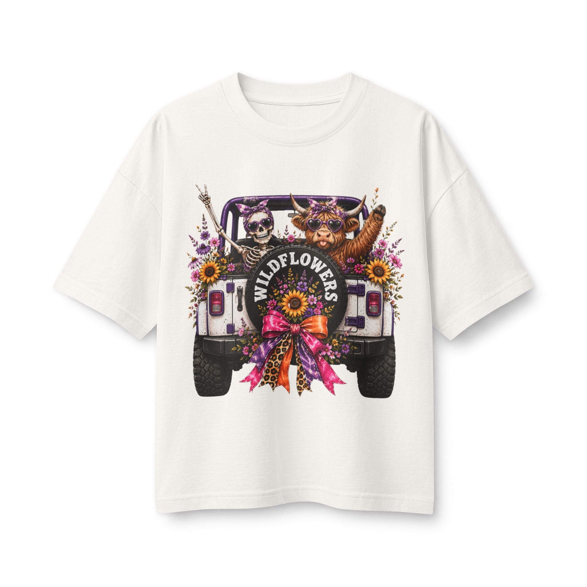 Wildflowers Jeep Crewneck Tee — Cute Skull & Pup Floral Graphic Shirt