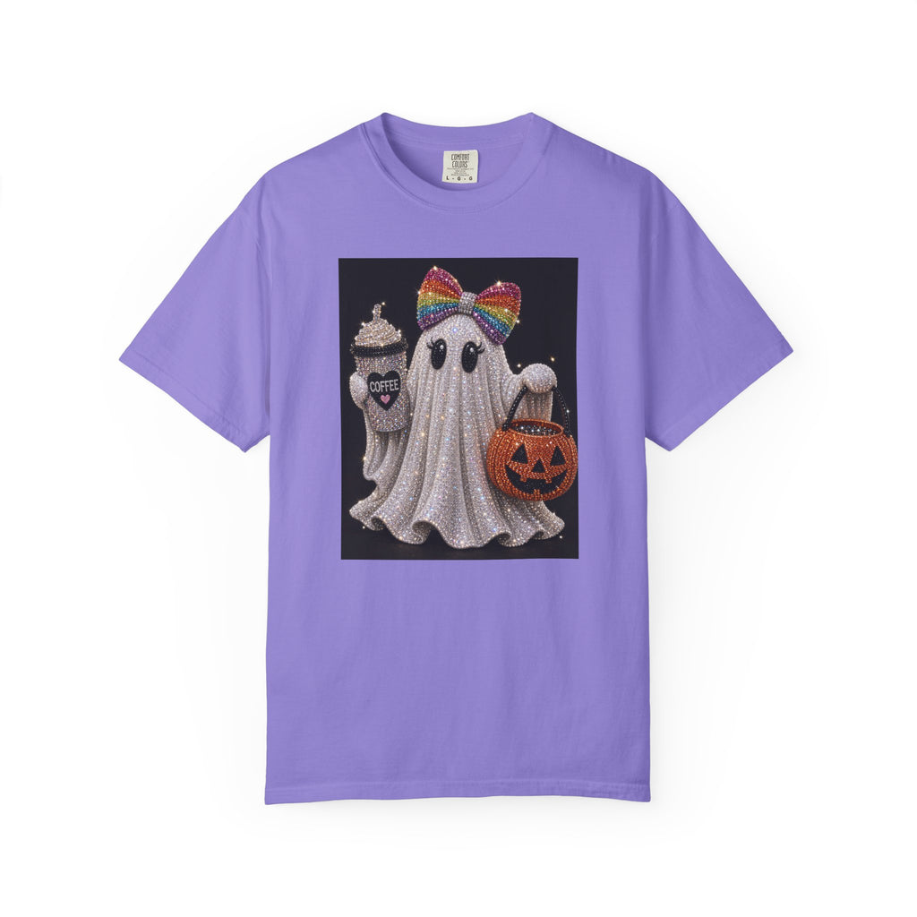 Halloween Ghost T-Shirt — Glitter Ghost with Rainbow Bow, Pumpkin & Coffee