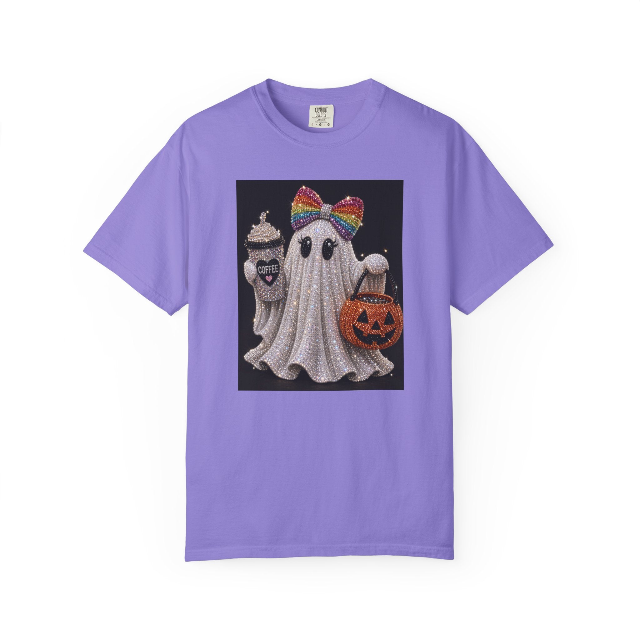 Halloween Ghost T-Shirt — Glitter Ghost with Rainbow Bow, Pumpkin & Coffee