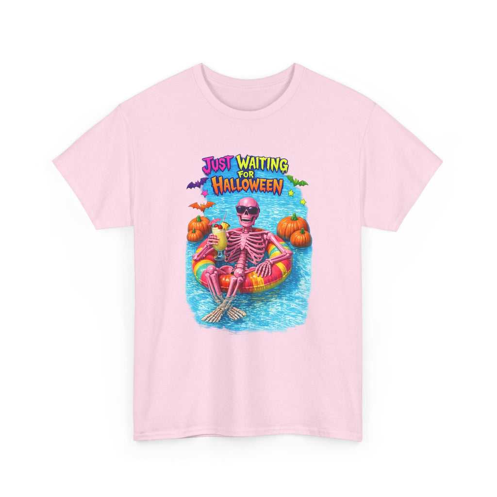 Halloween Skeleton Tee — "Just Waiting for Halloween" Pool Float Graphic T-Shirt