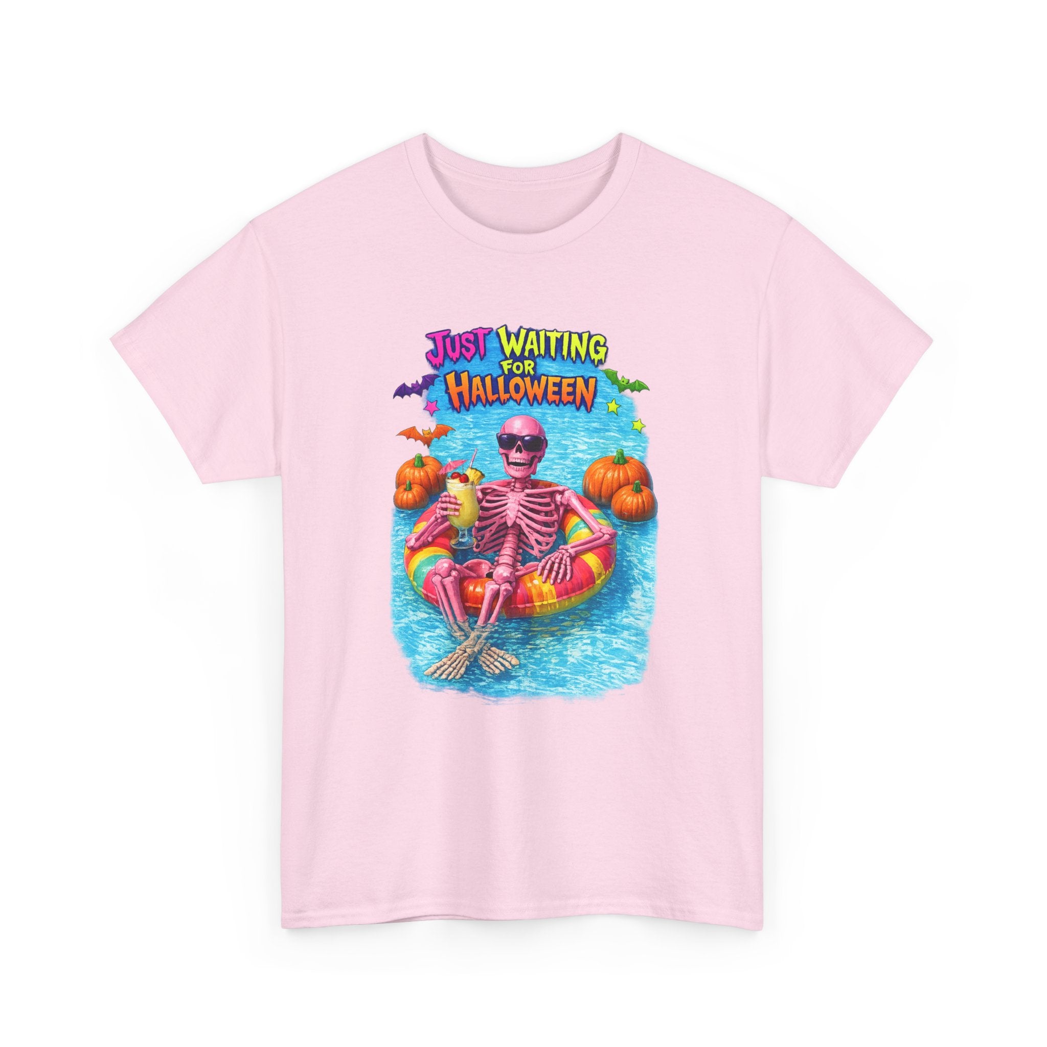 Halloween Skeleton Tee — "Just Waiting for Halloween" Pool Float Graphic T-Shirt