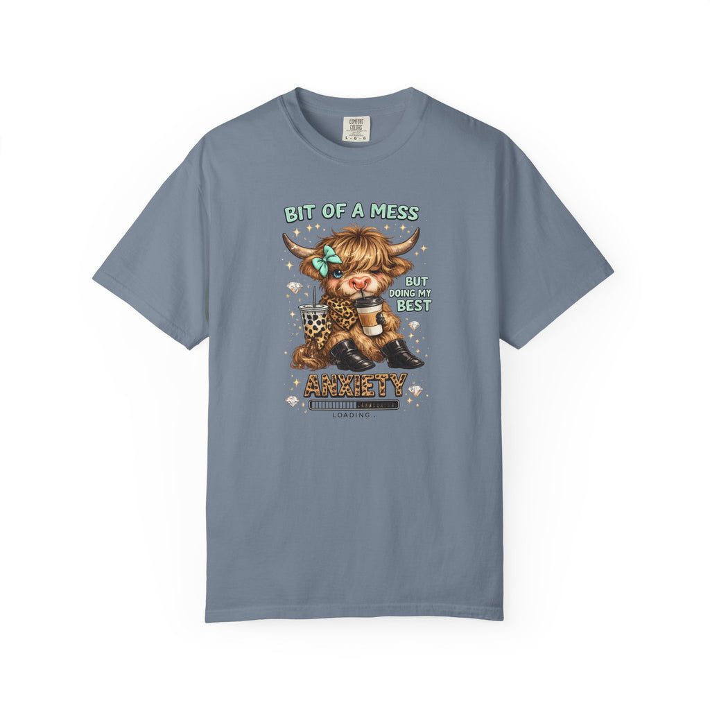 Bit of a Mess Anxiety Cowgirl Graphic T-Shirt — Cute Retro Cow Print Tee for Anxiety Awareness