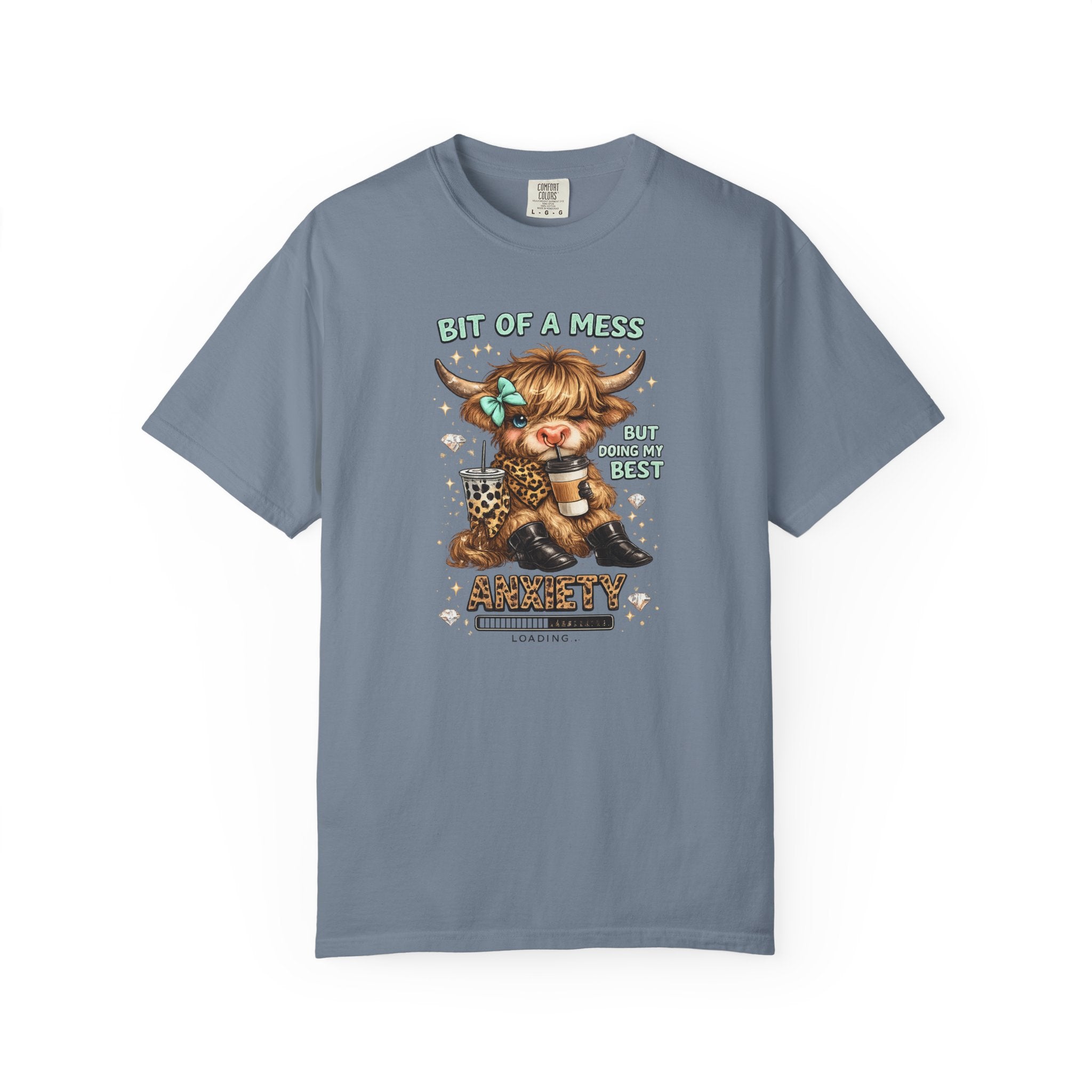 Bit of a Mess Anxiety Cowgirl Graphic T-Shirt — Cute Retro Cow Print Tee for Anxiety Awareness
