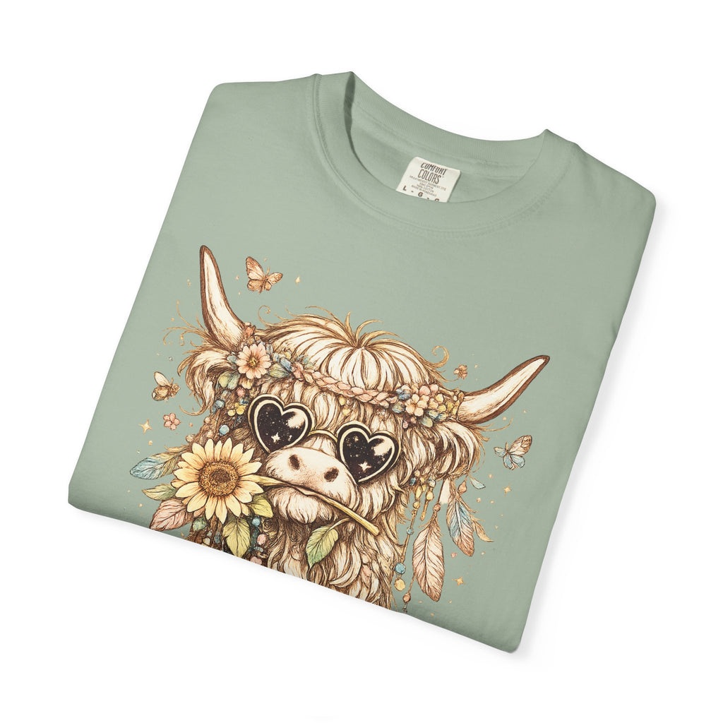 Highland Cow Floral T‑Shirt — Sunflower Boho Highland Cattle Tee