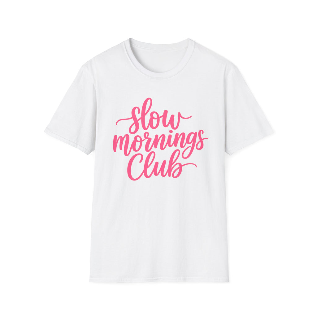 Slow Mornings Club Tee — Relaxed Graphic T-Shirt with Pink Script
