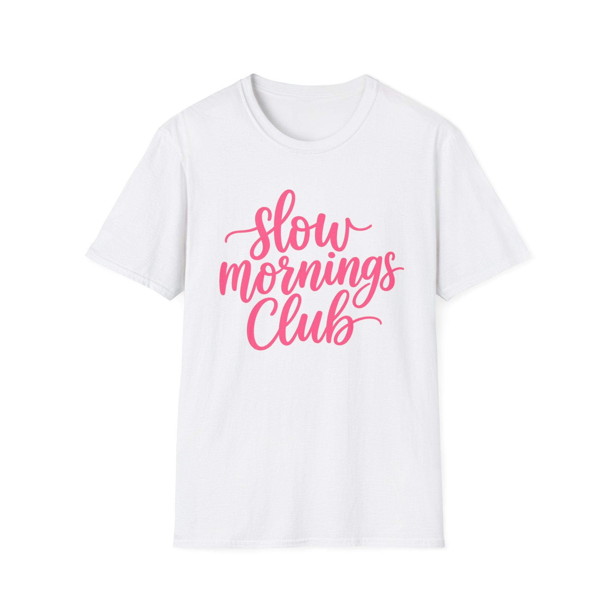 Slow Mornings Club Tee — Relaxed Graphic T-Shirt with Pink Script