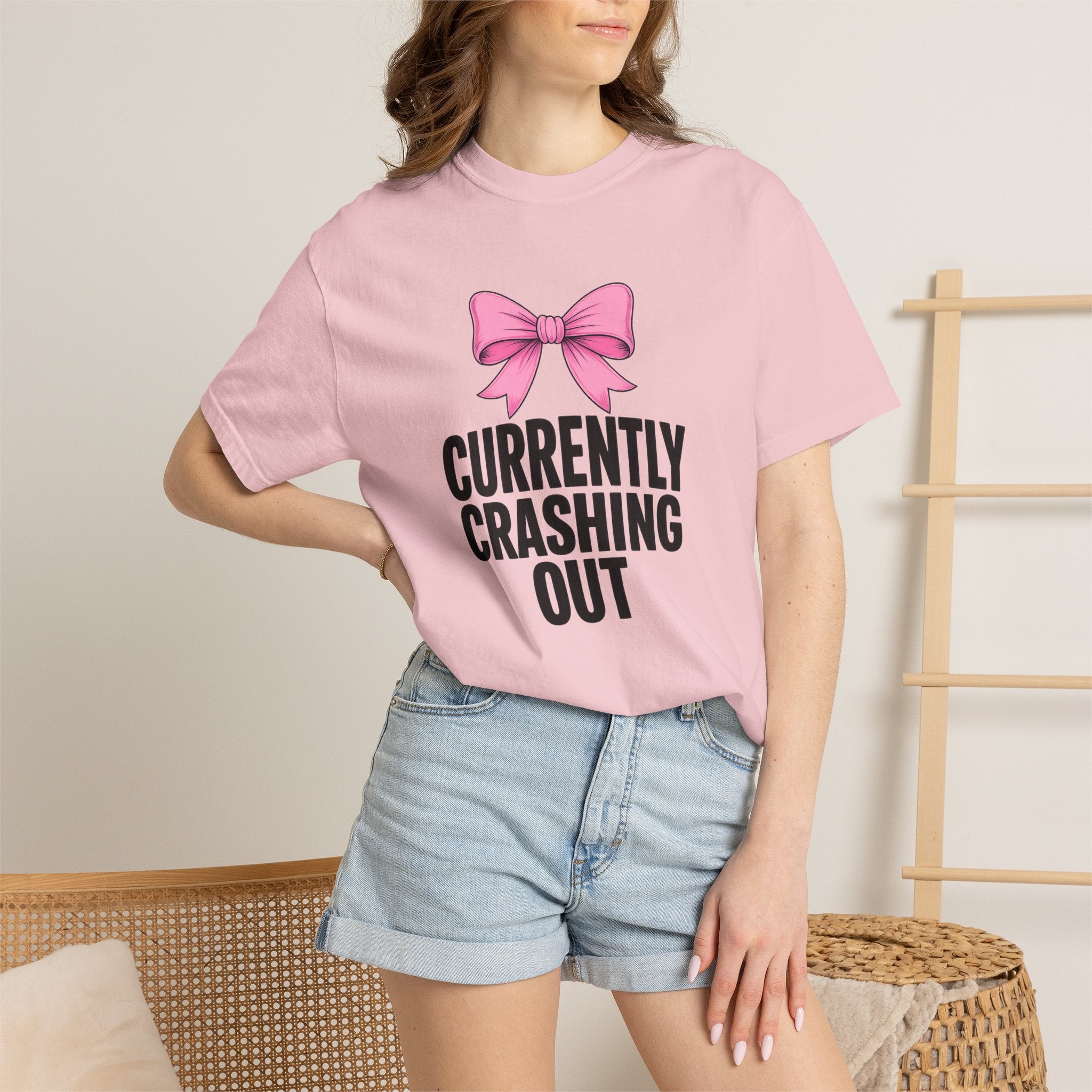 T-Shirt — "Currently Crashing Out" Pink Bow Graphic Tee