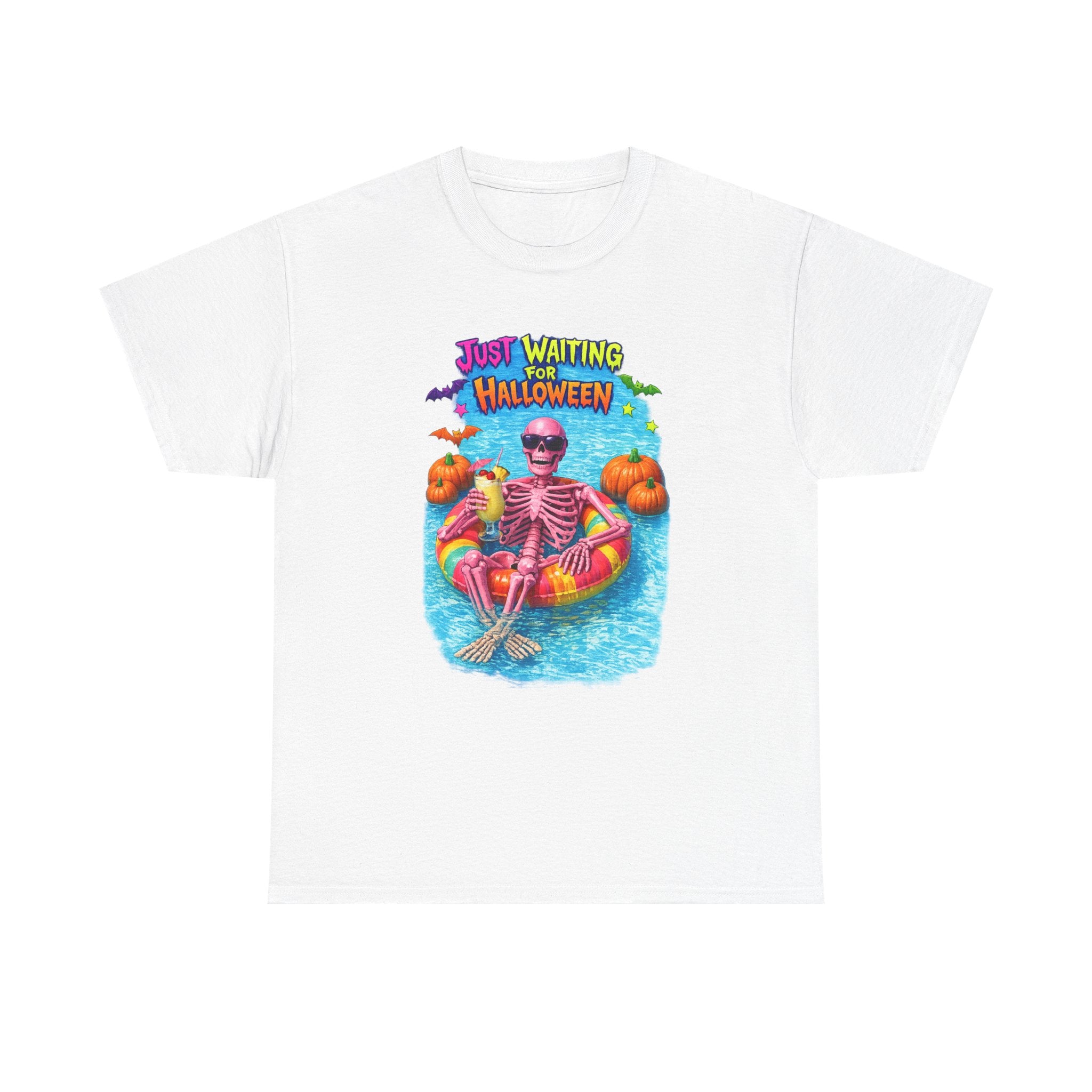 Halloween Skeleton Tee — "Just Waiting for Halloween" Pool Float Graphic T-Shirt