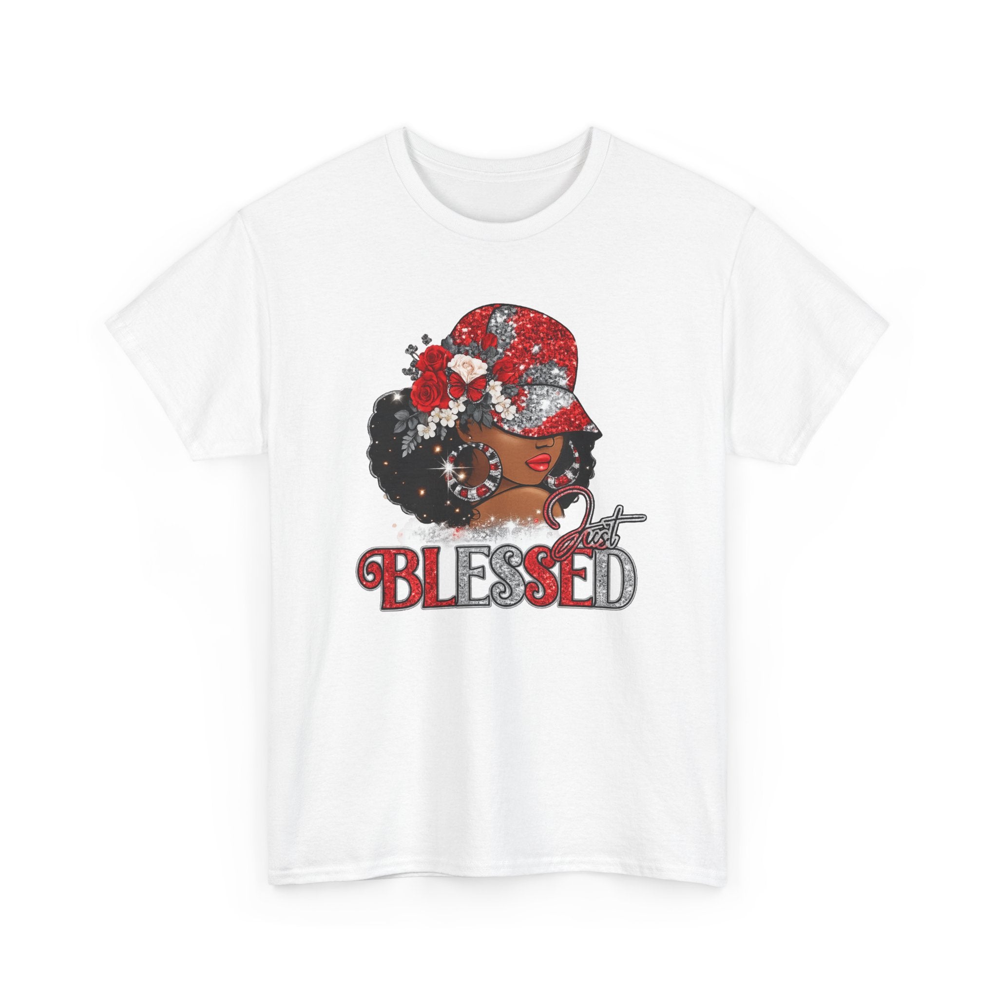 Blessed Afro Woman Graphic Tee — "BLESSED" Floral Headwrap Cotton T‑Shirt